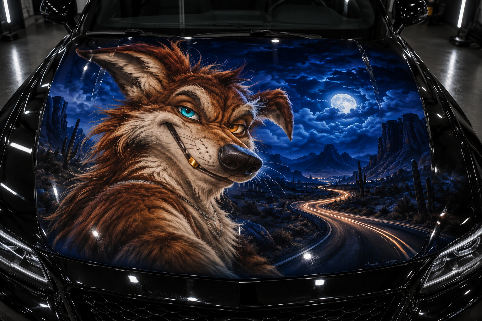 Diseño de aerografía de un coyote en el capó de un coche