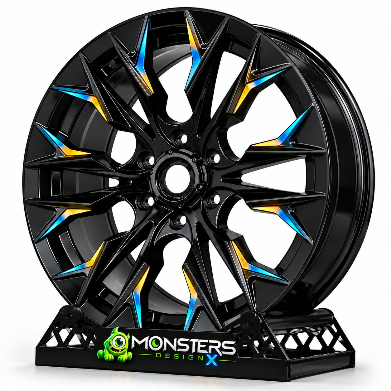 Llanta negra con detalles cian y amarillos y marca Monsters DesignX