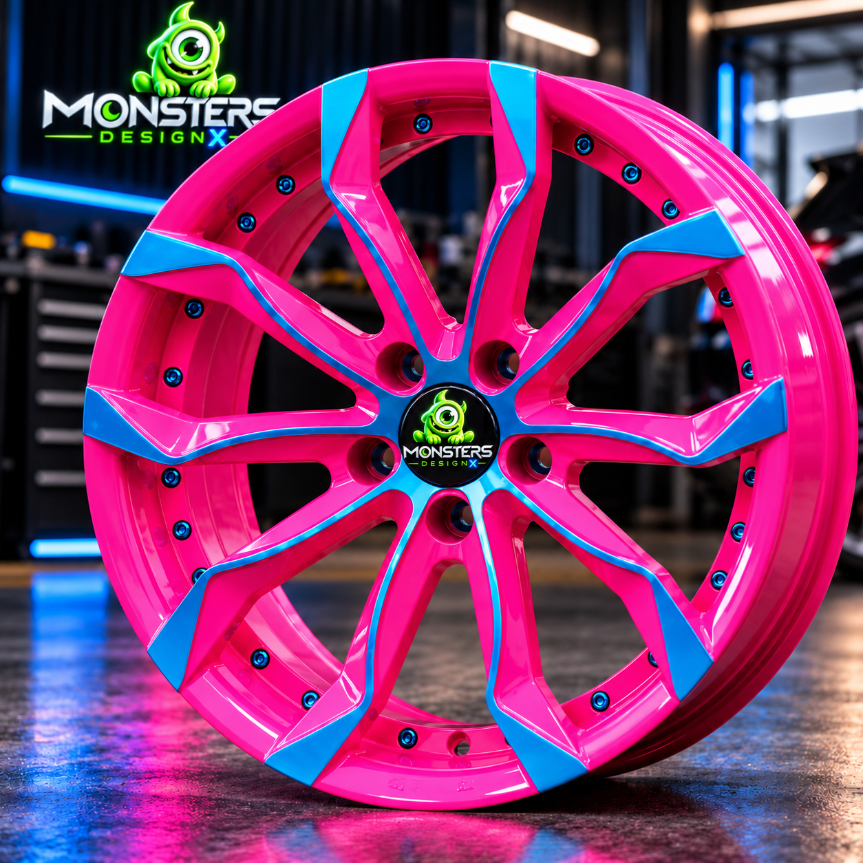 Llanta rosa y cian con marca Monsters DesignX